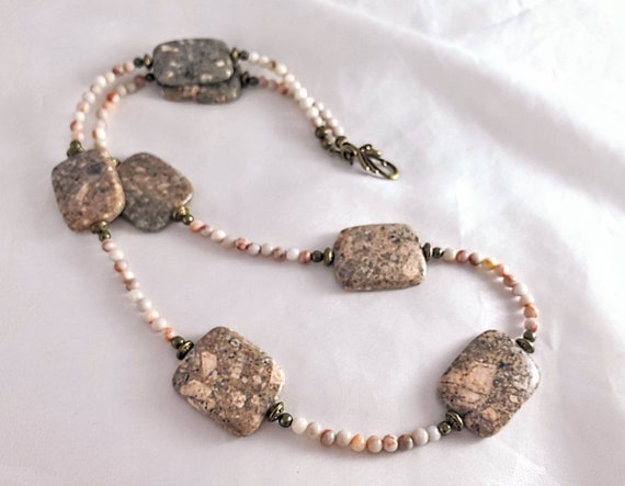 Statement Picasso Jasper & "red Turquoise" Marble Necklace | Peach Pink, Brown, White Gemstone Jewelry | Chunky, Boho Design | 26" Length