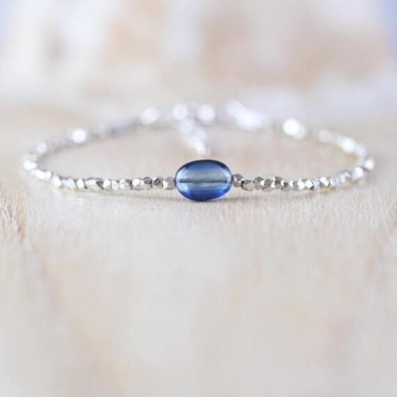 Kyanite, Sterling & Fine Silver Bracelet, Dainty Blue Gemstone Oval With Tiny Karen Hill Tribe Thai Silver Beads, Delicate Jewelry For Women
