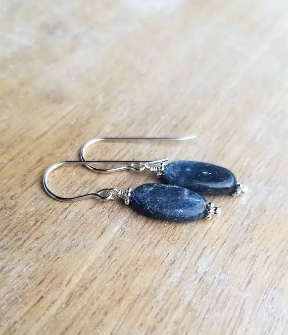 Blue Kyanite Gemstone Dangle Earrings Sterling Silver, Small Blue Earrings, Oval Gemstone Earrings, Pretty Blue Earrings, Kyanite Jewelry