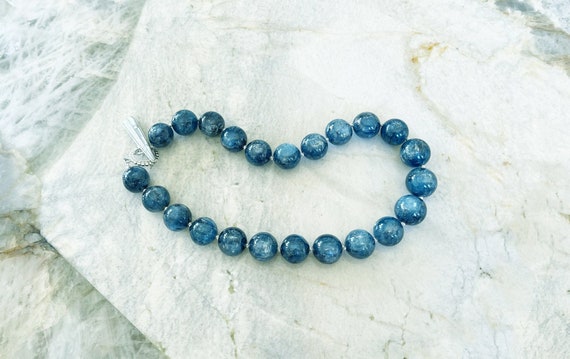 Rare Paraiba Kyanite Round Beaded Necklace With Handmade Sterling Silver And Mother Of Pearl Toggle Clasp