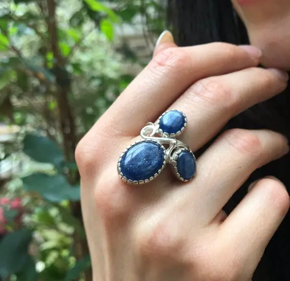 Blue Kyanite Ring, Natural Kyanite Ring, Silver Floral Ring, Blue Vintage Ring, Blue Statement Ring, Artisian Flower Ring, Rare By Adina
