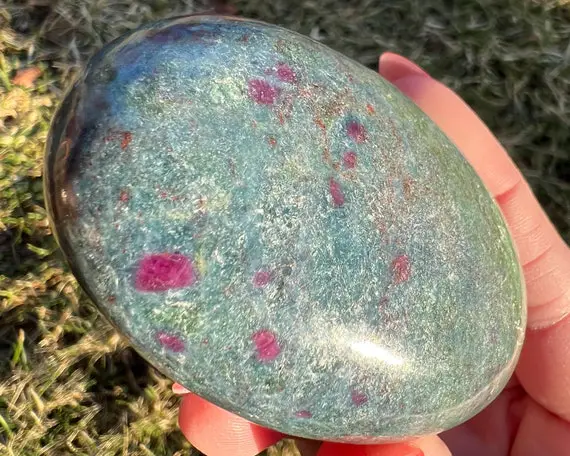 2.8" Ruby Kyanite Fuchsite Palm Stone, Large Palmstone, Bright Pink Blue Green Gemstone Crystal From India, Corundum Mica, Gift For Her #1