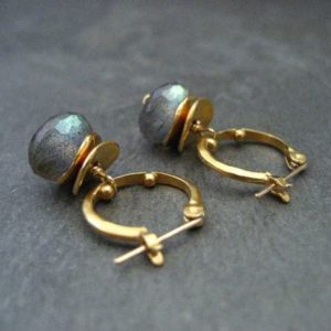 Labradorite small dotted hoop earrings, color flashes vary between greens/ blues or aqua's, satin gold finish | Natural genuine Labradorite jewelry. Buy crystal jewelry, handmade handcrafted artisan jewelry for women.  Unique handmade gift ideas. #jewelry #beadedjewelry #beadedjewelry #gift #shopping #handmadejewelry #fashion #style #product #jewelry #affiliate #ad