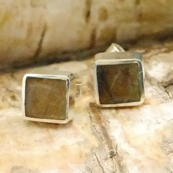 Labradorite Silver Stud Earrings Square Design