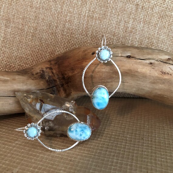 Caribbean Blue Larimar Sterling Silver Hoop Earrings, Oval Blue Larimar Hoops Earrings, Natural Gemstone Earrings, Handcrafted