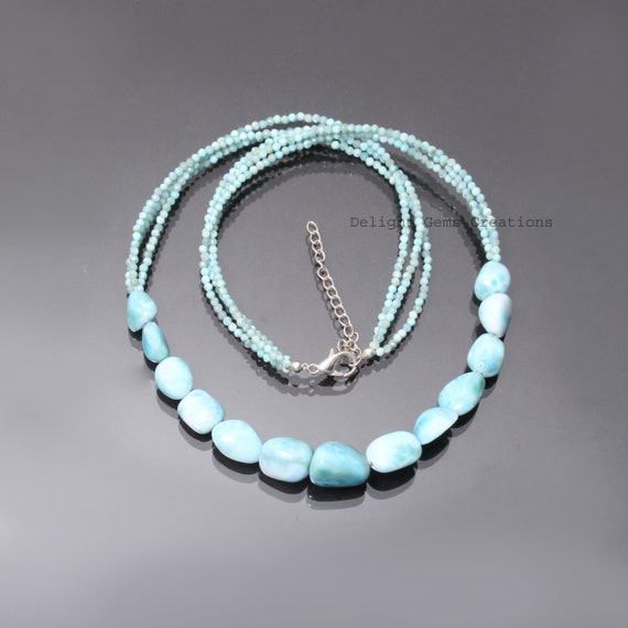 Genuine Aaa Ocean Blue Larimar Beaded Necklace-11x8mm Larimar Tumble/2mm Faceted Round Blue Gemstone Jewelry-best Gift For Her/him Christmas