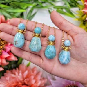 Shop Larimar Necklaces! ONE 18k Gold Plated Larimar Essential Oil Bottle Necklace from Dominican Republic – Throat Chakra – No. 757 | Natural genuine Larimar necklaces. Buy crystal jewelry, handmade handcrafted artisan jewelry for women.  Unique handmade gift ideas. #jewelry #beadednecklaces #beadedjewelry #gift #shopping #handmadejewelry #fashion #style #product #necklaces #affiliate #ad