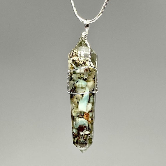Larimar Orgonite Pendant Wire Wrapped With Chain, Larimar Orgonite Pendant Necklace