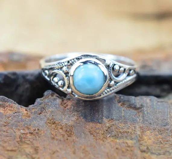 Blue Larimar 925 Sterling Silver Round Shape Ring