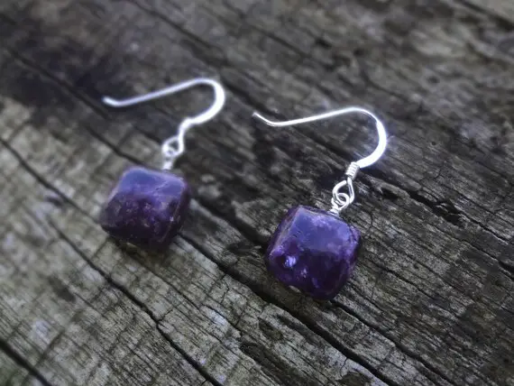 Lepidolite Earrings. Natural Square Purple Gemstone Dangle And Drop Earrings Handmade In Australia By Miss Leroy.