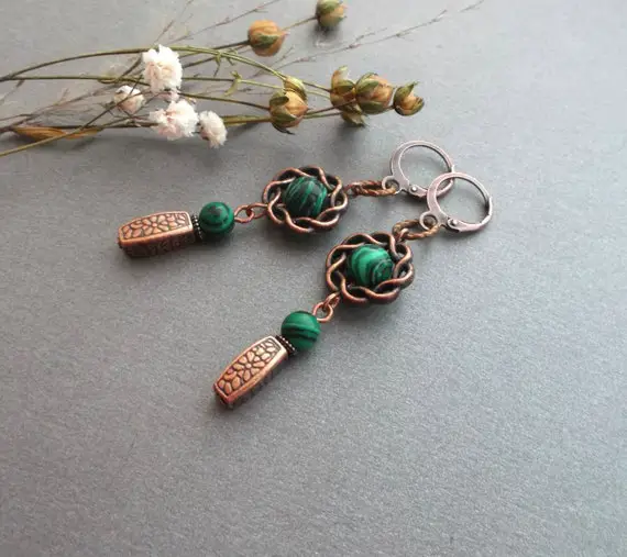Malachite Copper Earrings Green Malachite Dangle Earrings Handmade, Gift Idea For Women For Girls For Her Gift For Mom