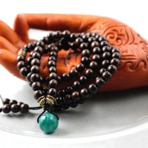 Artisan Malachite & Obsidian Tibetan Buddhist Mala 108 Prayer Beads Necklace 