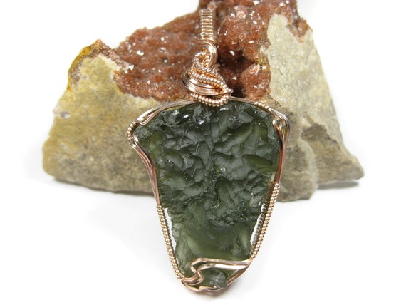 Awesome Large Moldavite Pendant In 14k Rose Gold Filled Wire (7.8 Grams)-great Size, Color & Formation!