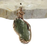 Moldavite Pendant Wire Wrapped In 14k Rose Gold Filled Wire (#c1) | Natural genuine Gemstone jewelry. Buy crystal jewelry, handmade handcrafted artisan jewelry for women.  Unique handmade gift ideas. #jewelry #beadedjewelry #beadedjewelry #gift #shopping #handmadejewelry #fashion #style #product #jewelry #affiliate #ad