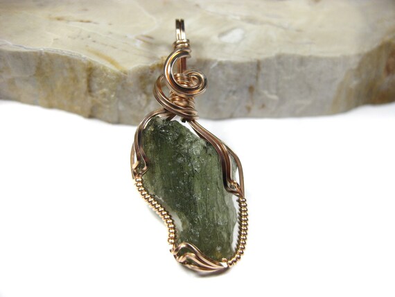Moldavite Pendant Wire Wrapped In 14k Rose Gold Filled Wire (#c1)