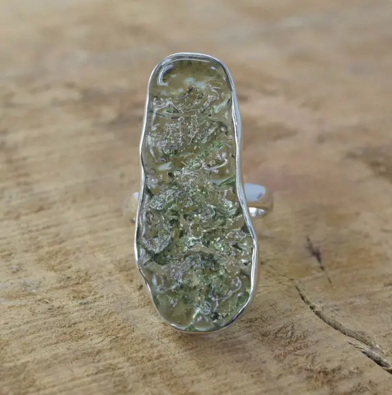 Lab Created Green Moldavite 925 Sterling Silver Gemstone Elegant Jewelry Ring ~ Handmade Ring ~ Rough Moldavite Ring ~ Gift For Birthday