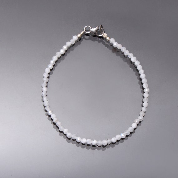 Moonstone Bracelet, Natural Moonstone 3mm Faceted Round Beads Bracelet, Moonstone Beaded Bracelet, Semi Precious Stone 5-8 Inch Bracelet