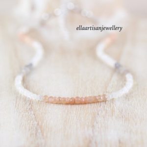 Ombre Moonstone Beaded Necklace in Sterling Silver, 14Kt Gold or Rose Gold Filled, Peach, Grey & White Multi Color Gemstone Choker for Women | Natural genuine Array jewelry. Buy crystal jewelry, handmade handcrafted artisan jewelry for women.  Unique handmade gift ideas. #jewelry #beadedjewelry #beadedjewelry #gift #shopping #handmadejewelry #fashion #style #product #jewelry #affiliate #ad