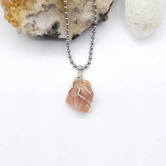 Peach Moonstone Necklace, Silver Wire Wrapped Moonstone Pendant