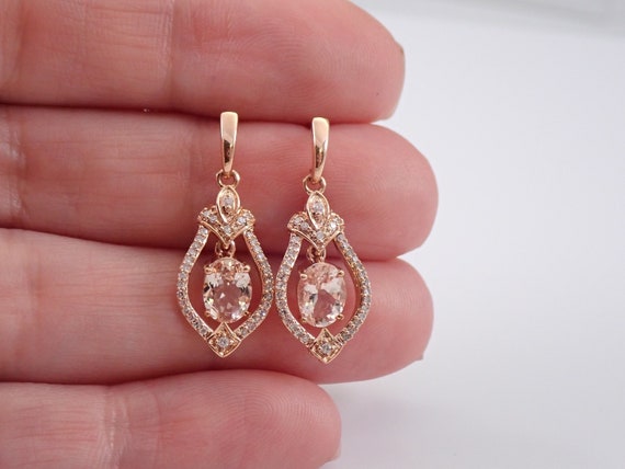 1.55 Ct Aaa Peach Morganite Gemstone & Pave Diamond Dangle Drop , Pear Morganite Earring, Anniversary Gift For Wife , Rose Gold Earring Gift