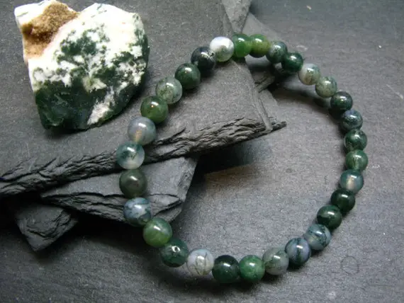 Moss Agate Genuine Bracelet ~ 7 Inches ~ 6mm Round Beads