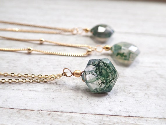 Moss Agate Necklace, Moss Agate Jewelry, Green Crystal Necklace, Dainty Gemstone Pendant Necklace, Raw Crystal Gold Fill Chain, Gift For Her