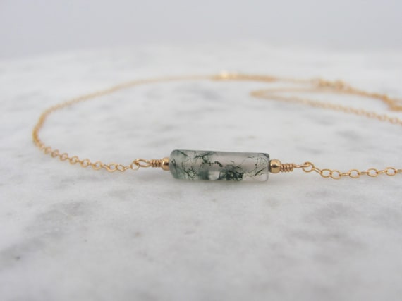 Moss Agate Necklace, Dainty Gemstone Choker, Layering Necklace