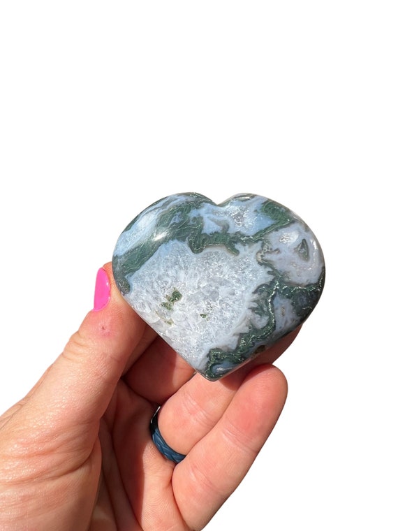 Moss Agate Heart (1.75" - 2.5") Moss Agate Polished Crystal Heart - Tumbled Moss Agate Gemstone - Natural Green Moss Agate With Druzy