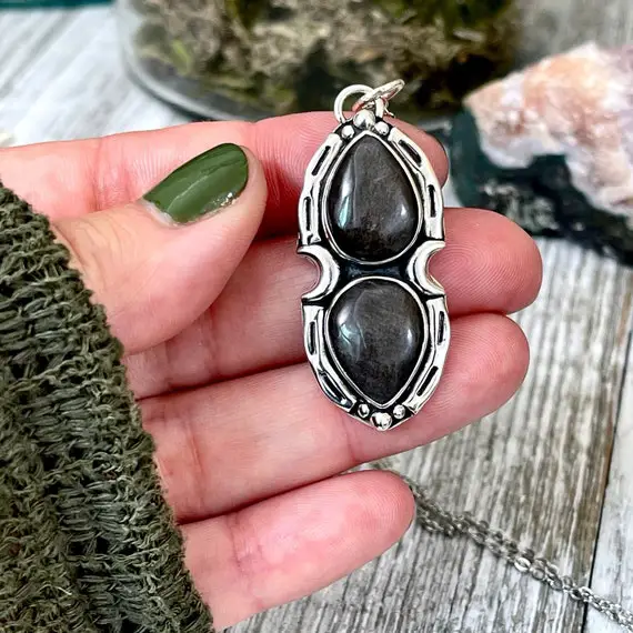 Silver Sheen Obsidian Mystic Moon Crystal Statement Necklace In Sterling Silver / Designed By Foxlark Collection/ Witchy Crystal Necklace