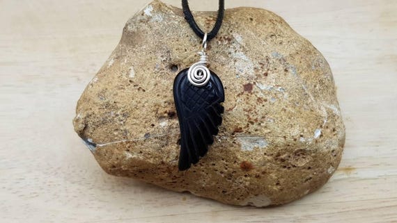 Black Obsidian Angel Wing Pendant Necklace. Reiki Jewelry Uk. Unisex Silver Plated Wire Wrapped Pendant. 30x15mm. Empowered Crystals
