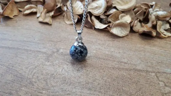 Round Obsidian Snowflake Pendant, Ball Obsidian Necklace, Circle Obsidian Necklace, Obsidian Jewelry, Tiny Silver Necklace, Silver Jewelry