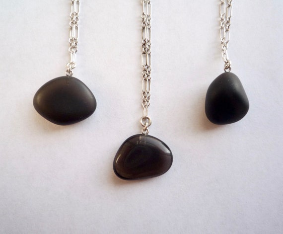 One Black Obsidian Nugget Necklace With Solid Sterling Silver Chain, Tumble Polished Apache Tears Pendant With A Shiny Or Matte Surface