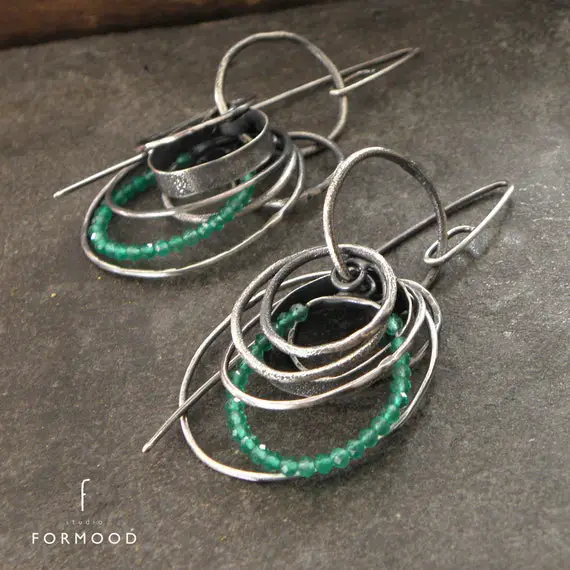 Earrings - Oxidized Sterling Silver And Green Onyx ... - Modern Silver Earrings