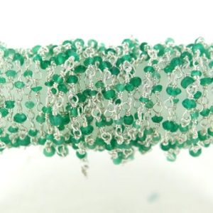 Shop Onyx Faceted Beads! 92.5 Sterling Silver Rosary Chain,Natural Green Onyx Beaded Chain,Rosary Chain,Wire Wrapped Chain-Faceted Rosary Beaded Chain,Sold Per Foot | Natural genuine faceted Onyx beads for beading and jewelry making.  #jewelry #beads #beadedjewelry #diyjewelry #jewelrymaking #beadstore #beading #affiliate #ad