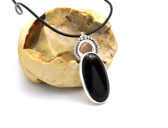 Black Onyx Pendant In Sterling Silver, Oval Black Stone On Leather Cord Necklace, Christmas Gift For Her
