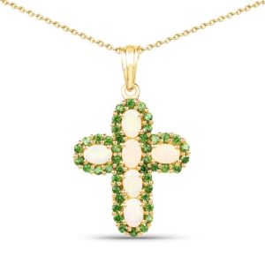 Shop Opal Pendants! Ethiopian Opal Pendant, Natural Ethiopian Opal and Chrome Diopside Cross Pendant Necklace, 14k Yellow Gold Pendant, October Birthstone | Natural genuine Opal pendants. Buy crystal jewelry, handmade handcrafted artisan jewelry for women.  Unique handmade gift ideas. #jewelry #beadedpendants #beadedjewelry #gift #shopping #handmadejewelry #fashion #style #product #pendants #affiliate #ad