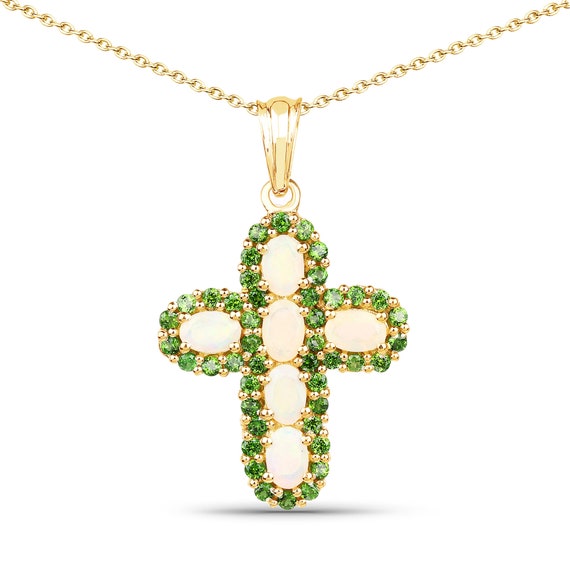 Ethiopian Opal Pendant, Natural Ethiopian Opal And Chrome Diopside Cross Pendant Necklace, 14k Yellow Gold Pendant, October Birthstone