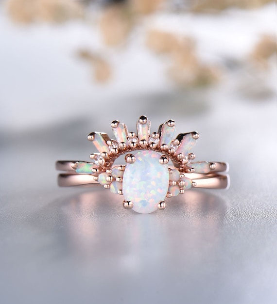 Opal Ring Set, Opal Stacking Ring, White Fire Opal Engagement Ring, Opal Gold Ring, Delicate Opal Ring, Sterling Silver Opal Ring
