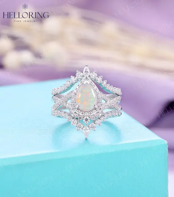 Vintage Opal Engagement Ring White Gold Pear Shaped Wedding Ring Diamond Moissanite Ring Half Eternity Twisted Bridal Anniversary Ring