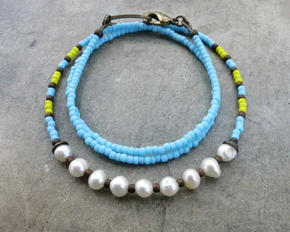 Bright Bohemian Pearl Necklace With Freshwater Pearls, Light Blue Seed Beads And Yellow Accents