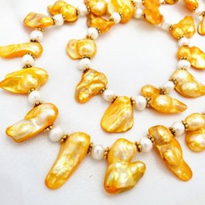 Shop Pearl Necklaces! Bright yellow-orange & white blister pearls in mother-of-pearl necklace. June birthstone jewelry,bold statement design w. freshwater pearls. | Natural genuine Pearl necklaces. Buy crystal jewelry, handmade handcrafted artisan jewelry for women.  Unique handmade gift ideas. #jewelry #beadednecklaces #beadedjewelry #gift #shopping #handmadejewelry #fashion #style #product #necklaces #affiliate #ad
