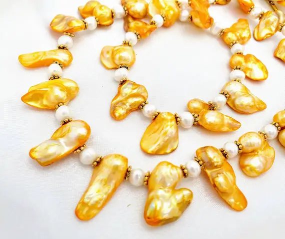 Bright Yellow-orange & White Blister Pearls In Mother-of-pearl Necklace. June Birthstone Jewelry,bold Statement Design W. Freshwater Pearls.