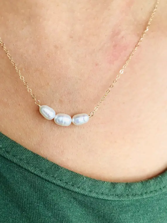 Pearl Necklace Three Pearl Necklace 14 K Gold Fill Necklace June Birthstone June Birthday Boho Wedding Necklace Gift For Her