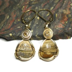 African Queen Picture Jasper Earrings in 14k Gold Filled Wire on 14k Gold Filled Leverbacks | Natural genuine Gemstone earrings. Buy crystal jewelry, handmade handcrafted artisan jewelry for women.  Unique handmade gift ideas. #jewelry #beadedearrings #beadedjewelry #gift #shopping #handmadejewelry #fashion #style #product #earrings #affiliate #ad