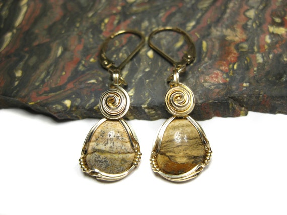 African Queen Picture Jasper Earrings In 14k Gold Filled Wire On 14k Gold Filled Leverbacks