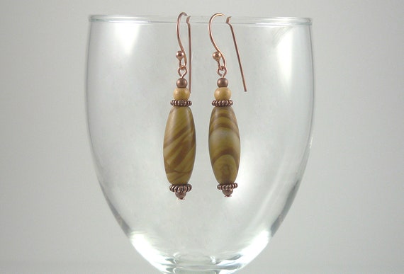 Picture Jasper Drop Earrings Copper Gemstone Bead Earrings Neutral Colors Copper Wood Jasper Dangle Earrings