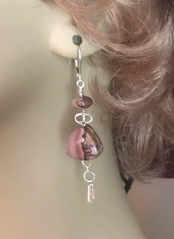 Rose Pink Picture Jasper Earrings, Natural Gemstone Earrings, Wire Wrapped Earrings, Fringe Dangles