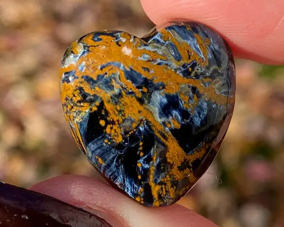 Pietersite Heart Cabochon, Rare Polished Pietersite Cab, Blue Yellow Gold Brecciated Tigers Eye, Chatoyant Stone #2