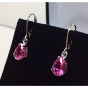 Shop Pink Sapphire Jewelry! BEAUTIFUL 5ctw Pear Cut Bright Pink Sapphire Sterling Silver Drop Dangle Earrings Trending Jewelry Gift Mom Wife Daughter Bride September | Natural genuine Pink Sapphire jewelry. Buy crystal jewelry, handmade handcrafted artisan jewelry for women.  Unique handmade gift ideas. #jewelry #beadedjewelry #beadedjewelry #gift #shopping #handmadejewelry #fashion #style #product #jewelry #affiliate #ad
