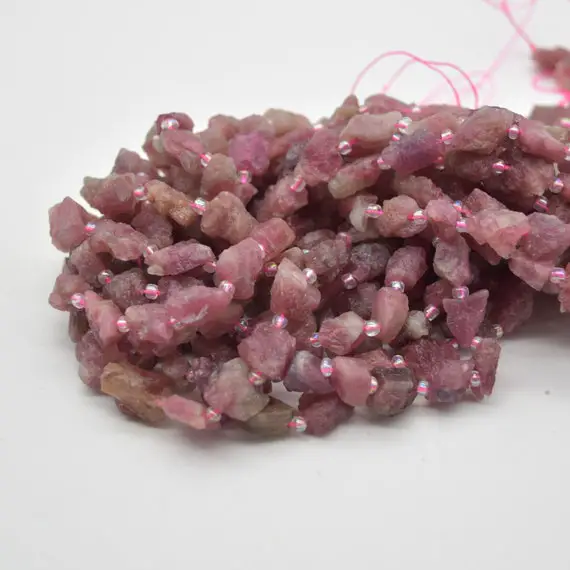 Raw Hand Polished Natural Pink Tourmaline Semi-precious Gemstone Nugget Beads - Approx 7mm - 8mm X 9mm - 10mm - Approx 15" Strand
